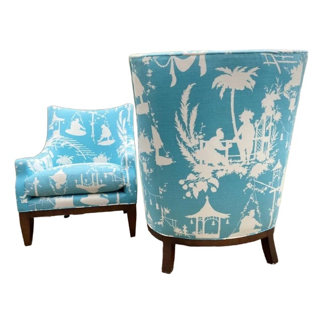Custom Curved Wingback Chairs Upholstered in Thibaut, Set of 2 For Sale