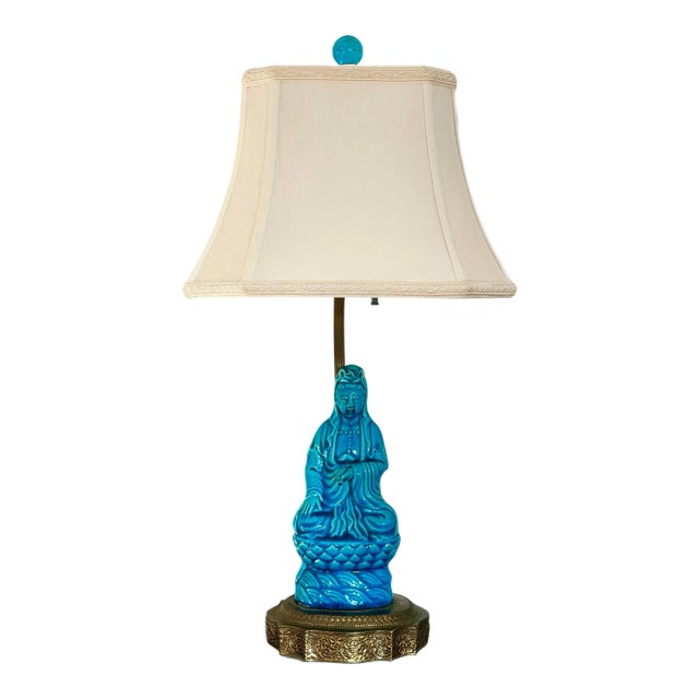 1970s Chinese Ceramic Glazed Turquoise Seated Figure Table Lamp For Sale