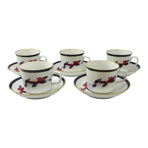 1990s Arita Ware Tea Cups & Saucers Fukagawa Tsubaki Japan- 10 Pieces