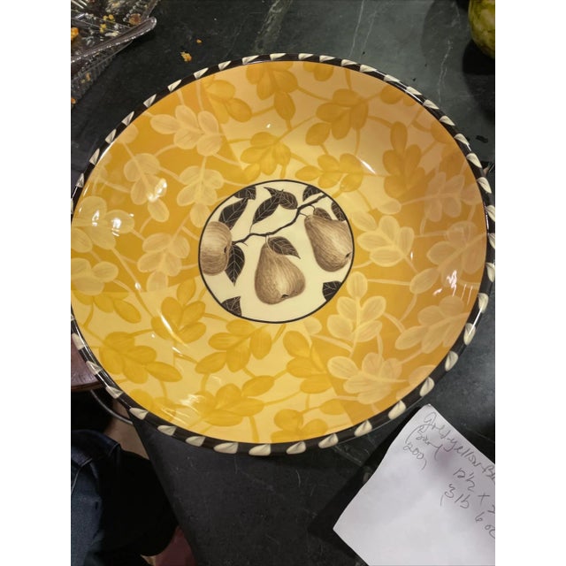 2000 - 2009 Artisan Pottery Bowl 13" Yellow Gold Black Pears For Sale - Image 5 of 7