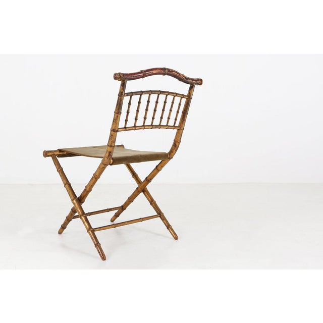Wood French Faux‑Bamboo Folding Chair in Gilded Wood and Green Fabric, 1850 For Sale - Image 7 of 11