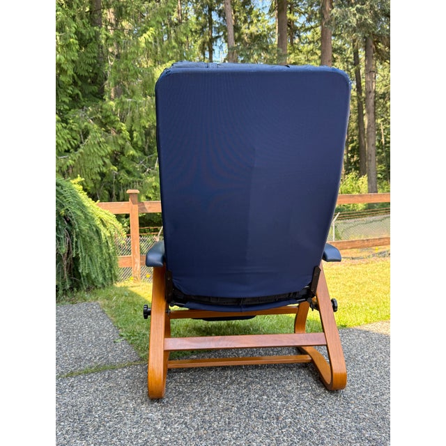 Vintage Nepsco Backsaver Bentwood Frame Reclining Chair With Blue Leather Upholstery Relax the Back For Sale - Image 4 of 11
