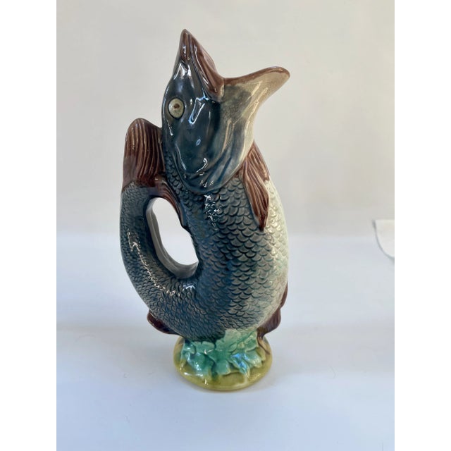 Gray Antique 19th-Century English Victorian Majolica Fish Pitcher or Vase For Sale - Image 8 of 10