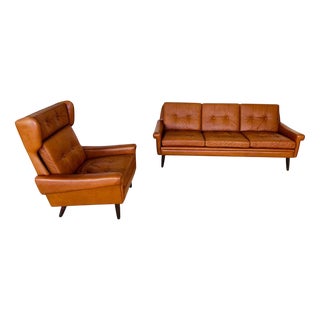 Vintage Danish Sofa Set in Cognac Leather by Svend Skipper, Set of 2 For Sale