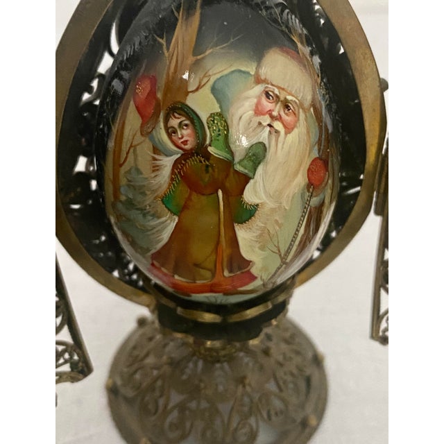 Brown Vintage Fedoskino Russian Triptych Brass Filigree With Lacquer Egg Shape With Father Frost and the Snow Maiden Signed M. Izotova. For Sale - Image 8 of 15
