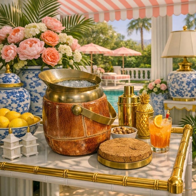 English Rare Antique Barware - Aldo Tura Brass & Lacquered Goatskin Ice Bucket - Hollywood Regency, Italian, British Colonial & Bar Cart Decor. - View Photos! For Sale - Image 3 of 12