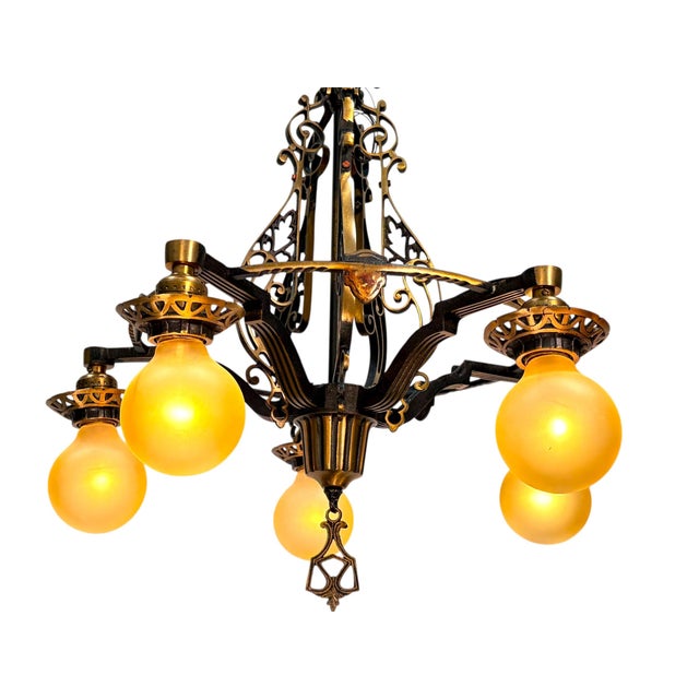 1920s 1920s Cast Bronze 5 Light Chandelier in Spectacular Original Condition #2622 For Sale - Image 5 of 12