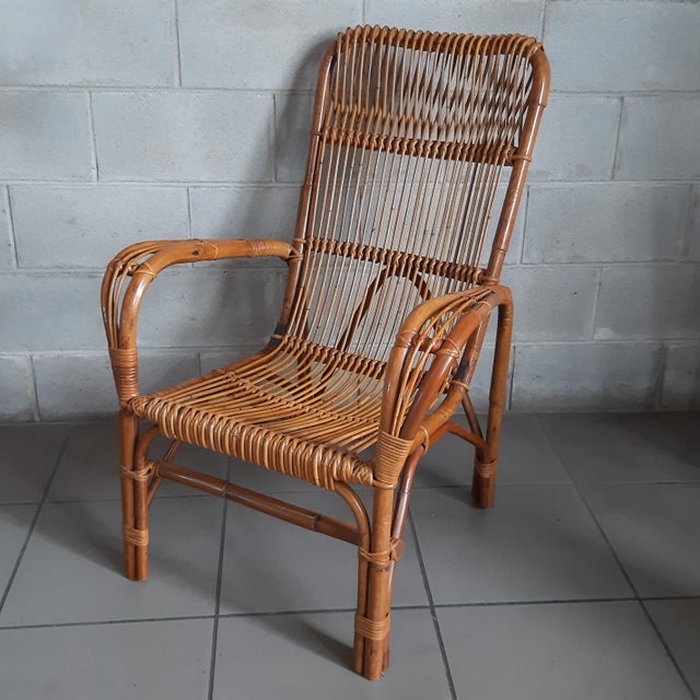 Vintage Italian Rattan and Curved Bamboo Armchair, 1960 For Sale - Image 6 of 14
