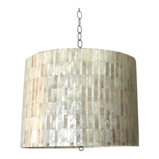 1980s Luminaire Capiz Shell Pendant Drum Shade Chandelier For Sale
