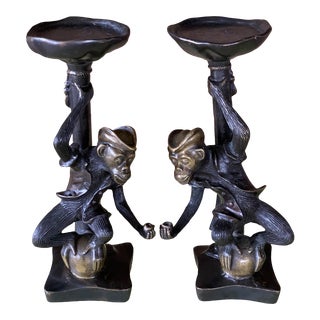 Bronze Monkey Candle Holders-A Pair For Sale