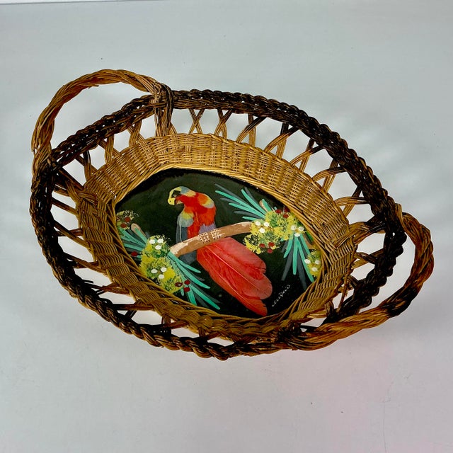 1950s Vintage Mexican Folk Art Original Feather Mixed Media Acrylic Bird Painting With Basket Frame For Sale - Image 6 of 14