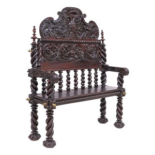 1800's Antique Spanish, Baroque Revival, Carved, Walnut, Twist Legs, Hall Bench!! For Sale