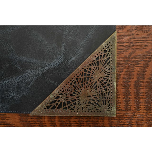 Metal Tiffany Studios New York Pine Needle Bronze Blotter Corners With Leather Desk Blotter For Sale - Image 7 of 10