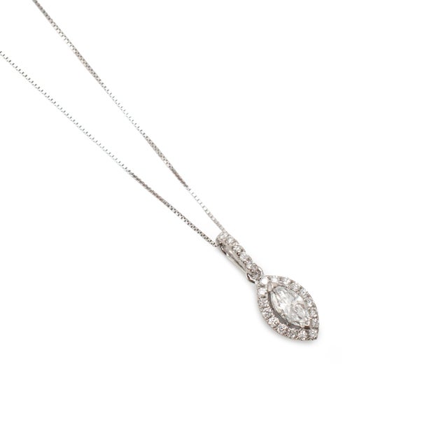 Ladies 14k White Gold 0.56ct Marquise Diamond Halo Pendant Necklace For Sale - Image 4 of 9