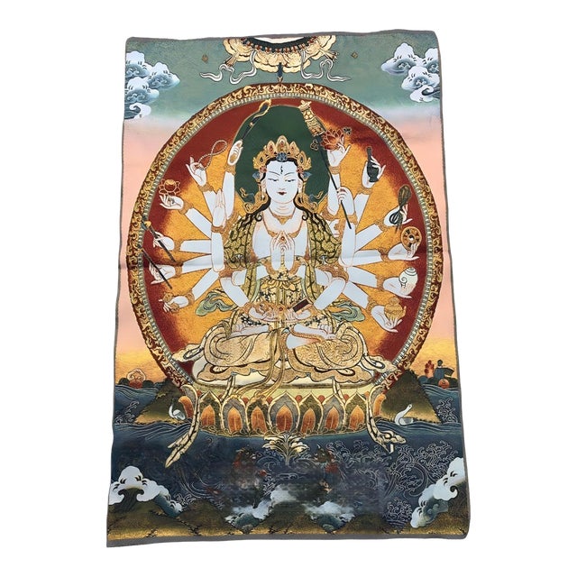 Mid 20th Century Xizang Embroidery and Brocade Thangka Buddha Painting - Wrathful Deity Protector Wall Art - Hand Painted Buddhist Sacred Scroll For Sale
