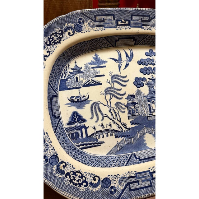 Antique Staffordshire Blue Willow Transfer Ironstone Oval Platter, Circa 1860s For Sale - Image 4 of 12