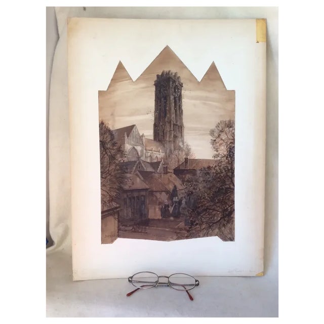 A vintage Illustration, painting depicting a Tree and Architecture. The Painting is an original watercolor on card stock...