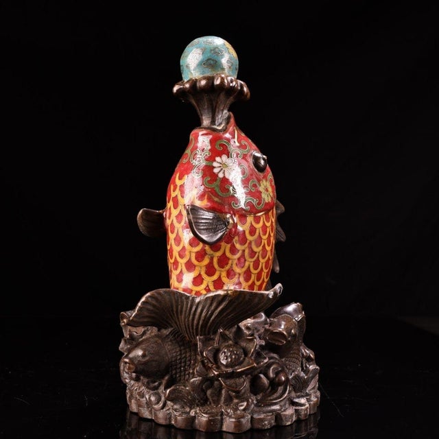 This is a magnificent and monumental vintage Chinese Cloisonné (Jingtai Lan) sculpture of a Leaping Carp (Fish). The fish...