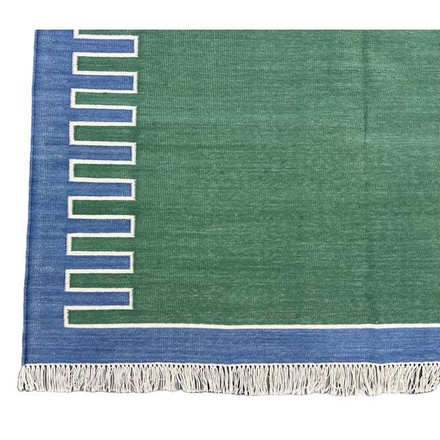 Handmade Cotton Vegetable Dyed Rug, Forest Green, White and Blue Zig Zag Striped Dhurrie-9'x12' For Sale - Image 10 of 12