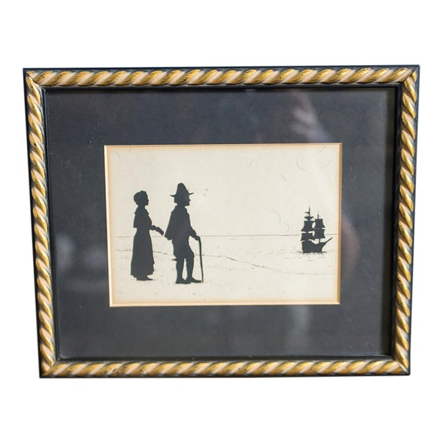 Antique Pilgrim Silhouette C. 1920 Framed Cut Paper & Ink Art, Signed Provenance Judge Charles Barker Wheeler, New York Supreme Court For Sale