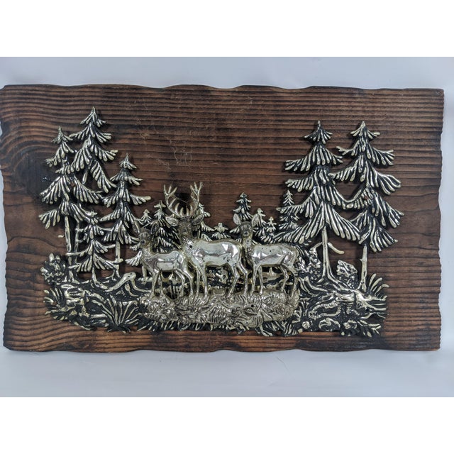 Brown Vintage Silver-Tone Deer Woodland Relief Plaque on Rustic Wood, 13" For Sale - Image 8 of 12