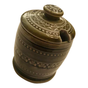 Vintage Irish Blue Green Porcelain Covered Round Honey Pot, Jam or Mustard Jar With Shamrock & Dot Detailing