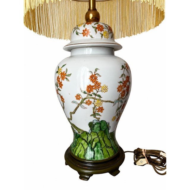 Metal Vintage Chinoiserie Floral Ginger Jar Table Lamp With Long Gold Fringe Shade For Sale - Image 7 of 16