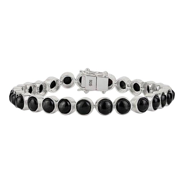 Natural Black Star Cabochon Gemstone Modern Tennis Bracelet in 925 Silver For Sale
