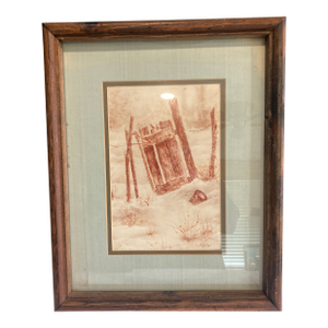 1970s Framed Vintage Rustic Winter Fence Scene Drawing Signed by Artist