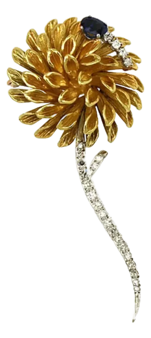 Diamond & Sapphire 18k Two Tone Gold Fancy Flower Brooch Pin