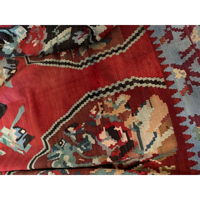 French Provincial Vintage Mid-Century Bessarabian Kilim Red Floral Flat Weave Rug Room Size For Sale - Image 3 of 12
