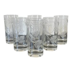 Vintage Etched Glass Tumblers Depicting Birds and Foliage by J James, Set of 6