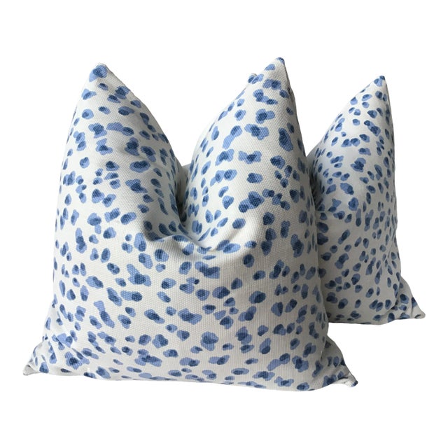Contemporary Ballard Designs “mira” Blue and White Droplet Fabric Pillows - a Pair, 21” For Sale