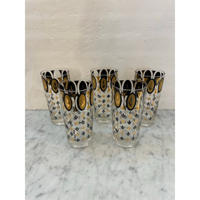 1950s Fred Press 1950s Highball Cocktail Glasses With Applied 24k Gold and Paint Set of 5 Signed For Sale - Image 5 of 6