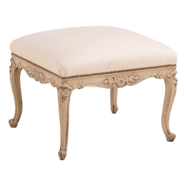 A French Louis XV Style Painted and Carved Wood Upholstered Stool, C. 1900. For Sale