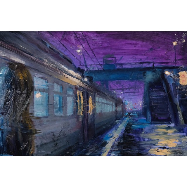 Contemporary Blinking Lights Pass Us By by Stefan Smit | Oil on Panel Nighttime train station scene with a figure. For Sale - Image 3 of 4