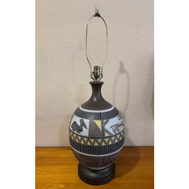Mid 20th Century Sgraffito Pottery Lamp Folk Art Style Birds Antelope For Sale - Image 11 of 12