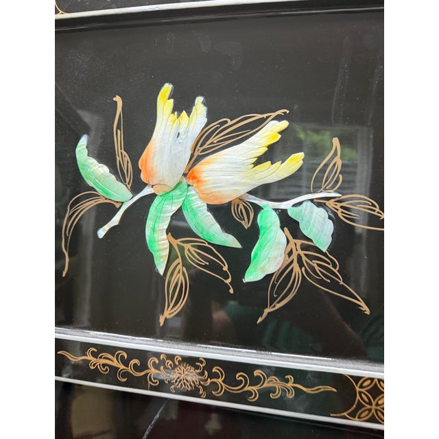 Vintage Chinese Black Lacquer 4-Panel Folding Screen Room Divider - Soapstone & Mother-of-Pearl Inlay For Sale - Image 12 of 18