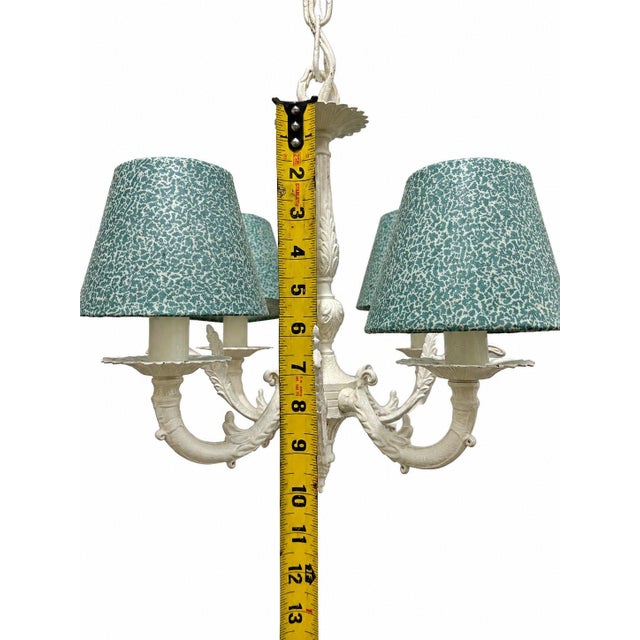 Vintage Shabby Chic 4 Arm Small Chandelier Green Fabric Shades Made in Spain For Sale In Pittsburgh - Image 6 of 7