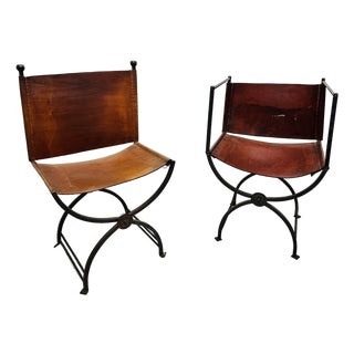Mid 20th Century Pair of Savonarola-Style Leather & Forged Iron Armchairs For Sale
