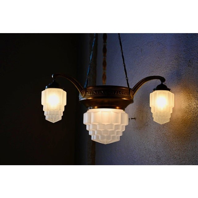 Art Deco Brass and Frosted Pressed Glass Chandelier, 1920s For Sale - Image 3 of 18