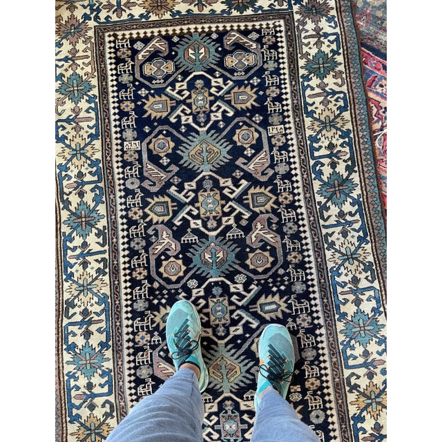 Textile Caucasian Bijov Design Wool Runner with Navy, Aubergine, Teals 4.1 x 9.9 For Sale - Image 7 of 13