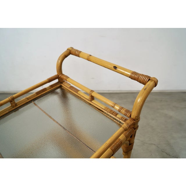 1960’s Mid-Century Modern Rattan & Glass Bar Cart For Sale - Image 9 of 12