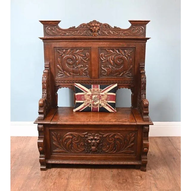 Victorian Hall Bench in Oak, 1890s For Sale - Image 3 of 5