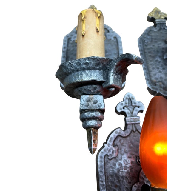 Dark Gray 1910s Bare Bulb 4 + 1 Hammered Wall Sconces Storybook or Spanish Revival Mission Style #2598 For Sale - Image 8 of 14