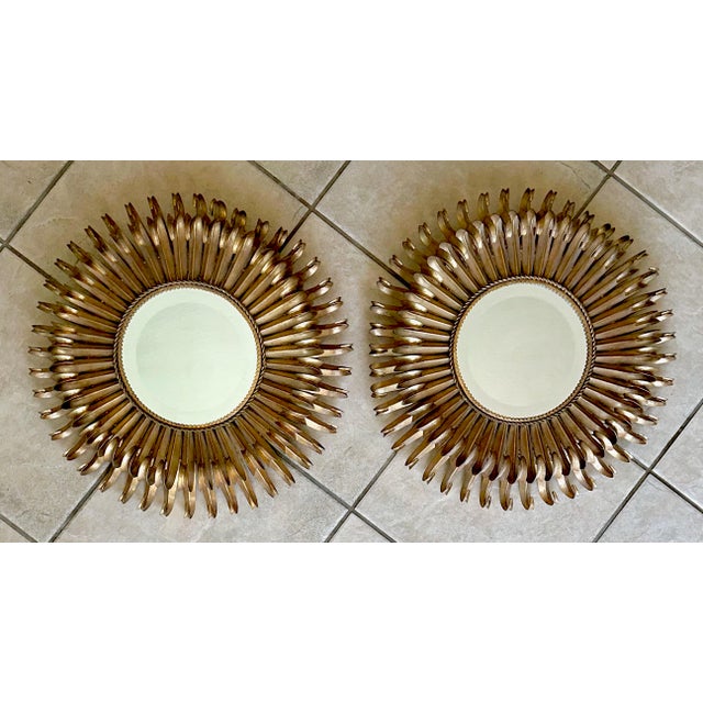 Gold Pair Gilt Metal Eyelash Sunburst Convex Wall Mirrors For Sale - Image 8 of 18