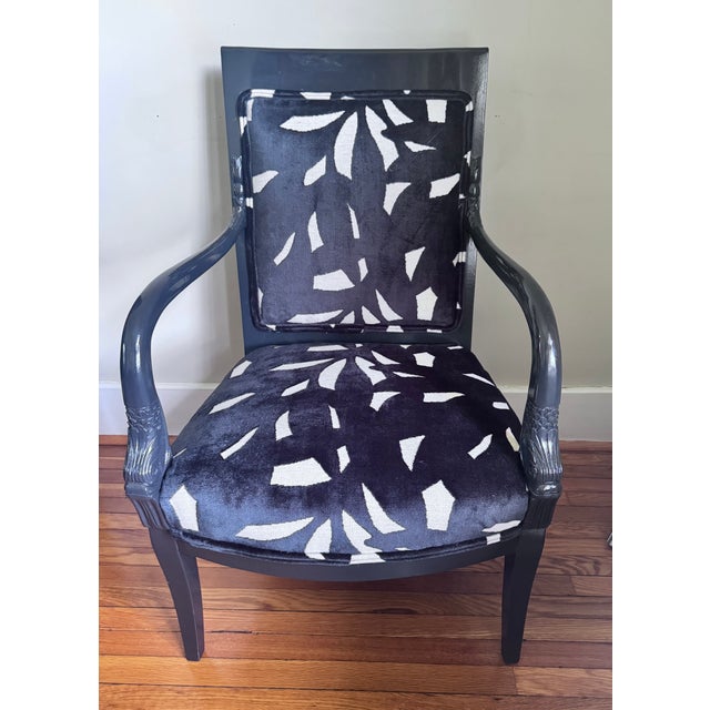 Black Pair of Mid 20th Century Lacquered Neoclassical Dolphin Armchairs ~ New Upholstery For Sale - Image 8 of 17