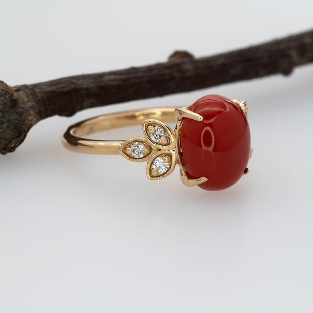 2.3Ct Italian Coral Ring With Natural Diamond Accents: Solid 14k Gold, 10x8mm, Size 5 For Sale In Columbus - Image 6 of 8