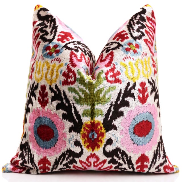 Mid-Century Modern Hand-Knotted Silk Velvet Ikat Pillow - 16x16 Midnight & Copper Star For Sale - Image 3 of 8