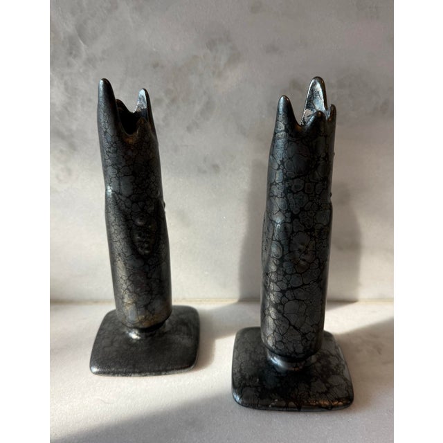 Pair of retired PartyLite "Metropolis" ceramic taper candle holders featuring a distinctive dark crackle finish.